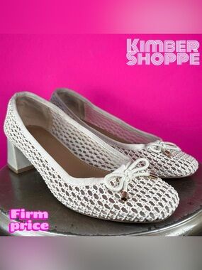 ASOS Cream Open Weave Square Toe Bow Accent Low Block Heel Pump US 8 UK 6 EU 39